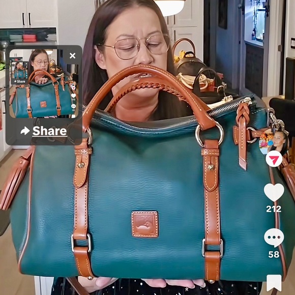 Dooney & Bourke Forest Green Florentine Pebbled Leather Satchel with Tan Trim - Picture 6 of 16